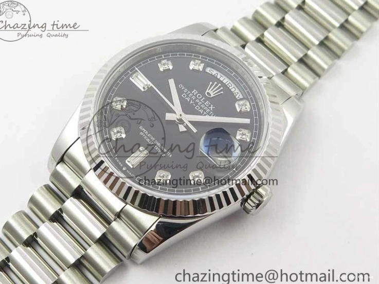 0415 TopPick Day-Date 36 SS 128239 Bp Maker Best Edition Black Dial Crystral Markers on President Bracelet 3149